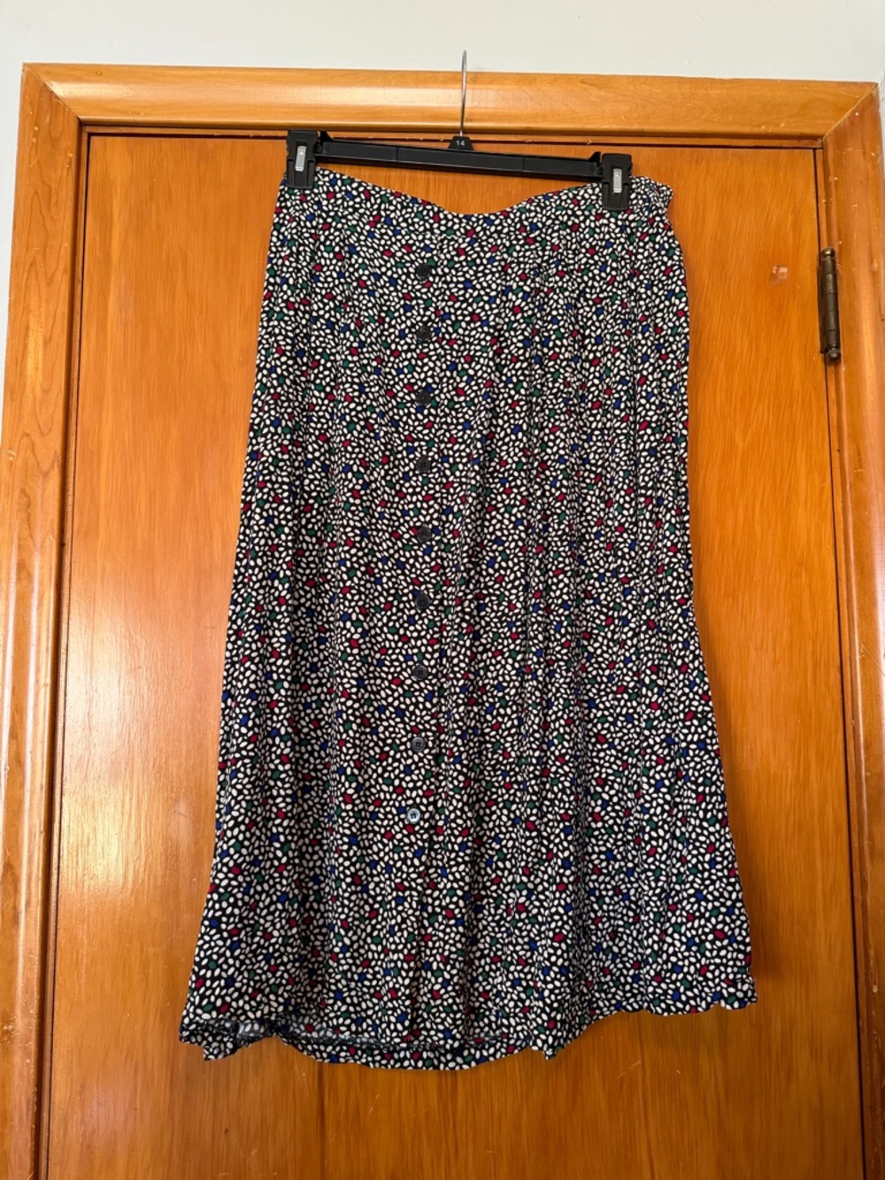 Vintage Women's Navy Midi Skirt with Multi-Color Spot Print